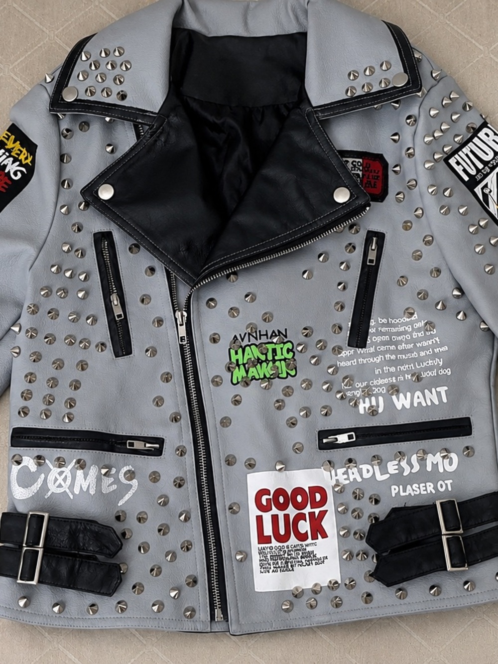 Studded Grey Leather Biker Jacket - Fashion Patch Design